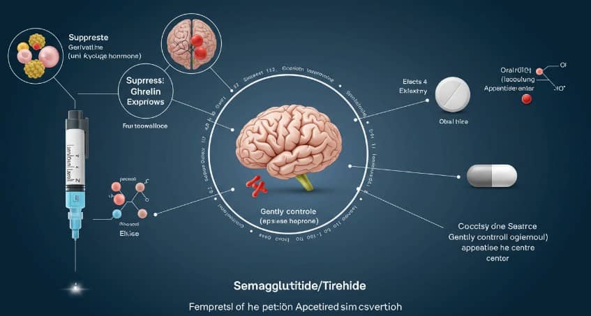 세마글루타이드와 티르제파타이드의 작용 기전을 보여주는 인포그래픽. 주사기와 뇌, 호르몬 분자 구조, 식욕 억제 신호 전달 과정을 시각적으로 설명한 의학 다이어그램.