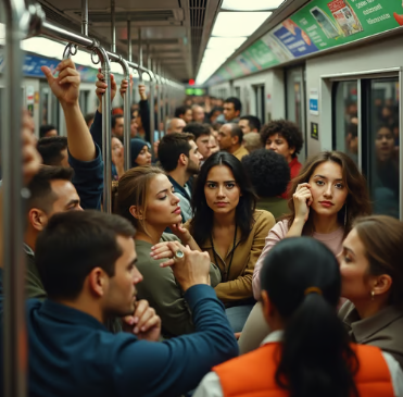 손잡이를 잡고 있는 사람들