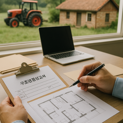 시골 주택 구조 변경 설계 도면과 신고서를 검토하는 사람의 손이 보이며, 창문 밖으로는 전원 주택과 트랙터가 있는 농촌 풍경이 펼쳐져 있는 모습