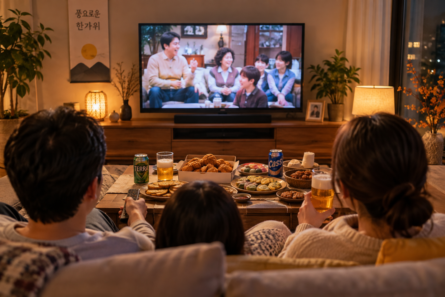 추석 연휴 저녁, 가족이 거실 소파에 앉아 치킨과 전, 음료를 즐기며 TV를 함께 시청하는 모습