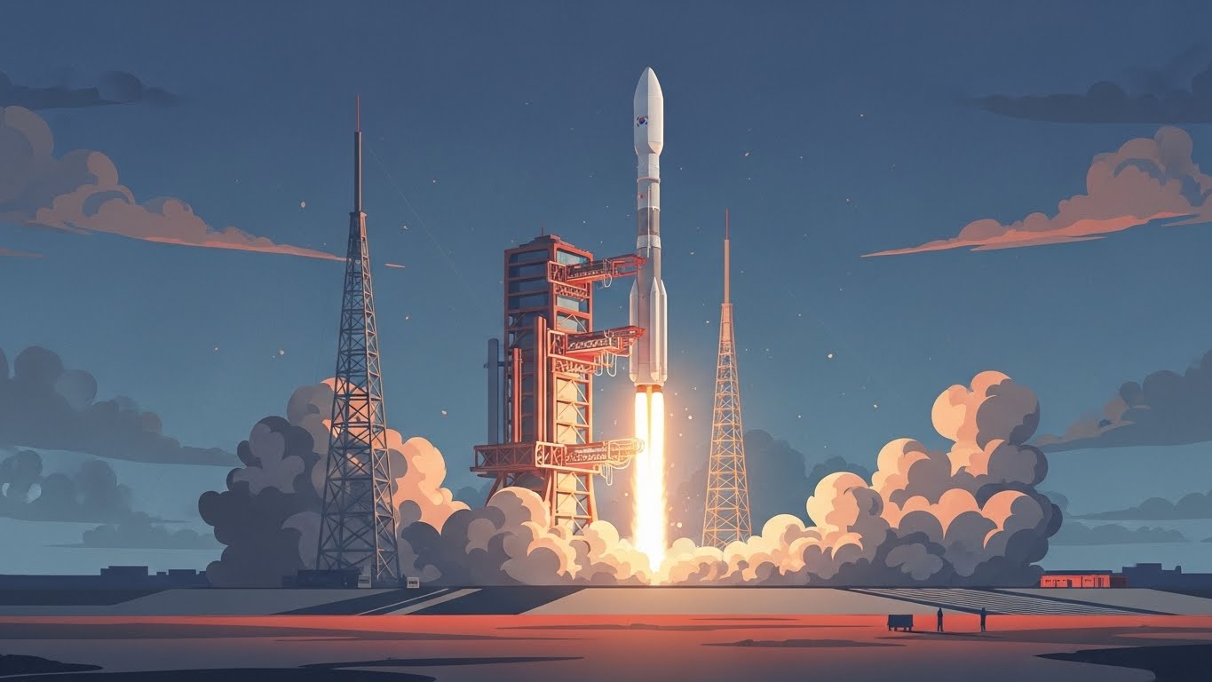 한국 최초의 우주 발사체, 나로호가 힘차게 발사되는 모습. 한국 우주개발의 시작을 알리는 역사적인 순간을 담은 이미지.