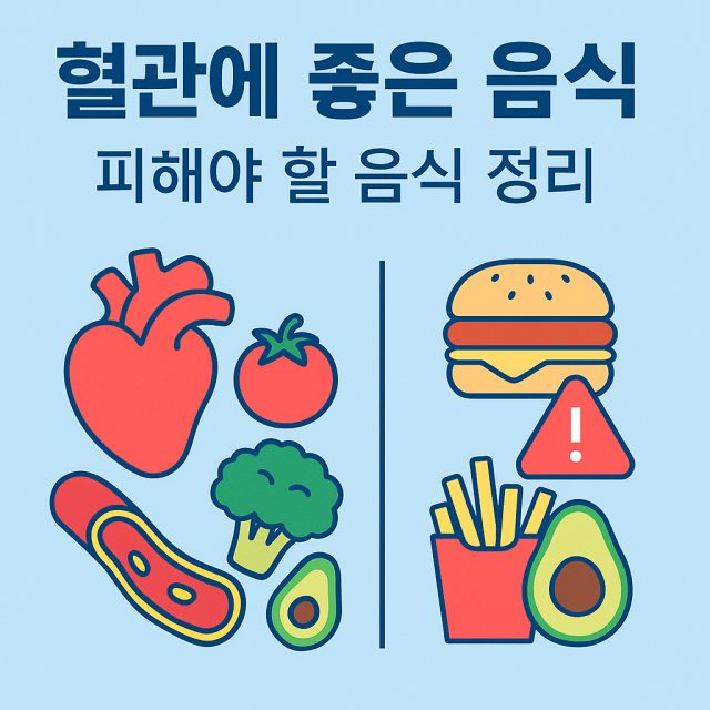 혈관에 좋은 음식과 피해야 할 음식을 정리한 대표 이미지로 심장과 혈관 건강 아이콘이 포함된 디자인