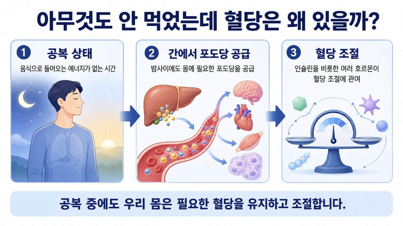 공복 중에도 간에서 포도당을 공급하고 몸이 혈당을 조절하는 과정