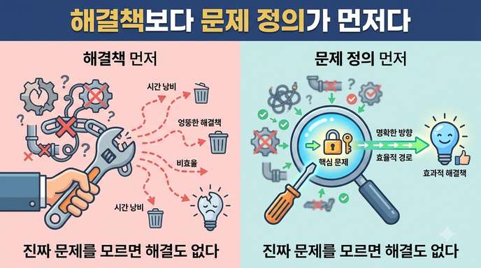 해결책 먼저와 문제 정의 먼저의 차이를 비교한 인포그래픽