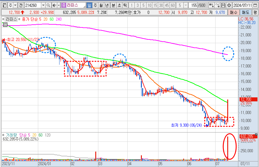 라파스 주가 일봉 차트 분석
