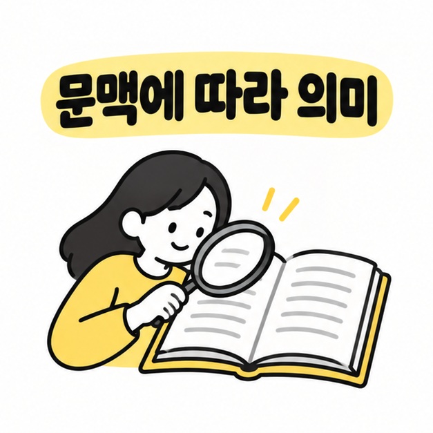 문맥에 따라 뜻이 달라진다는 문구와 책을 살펴보는 독자 일러스트