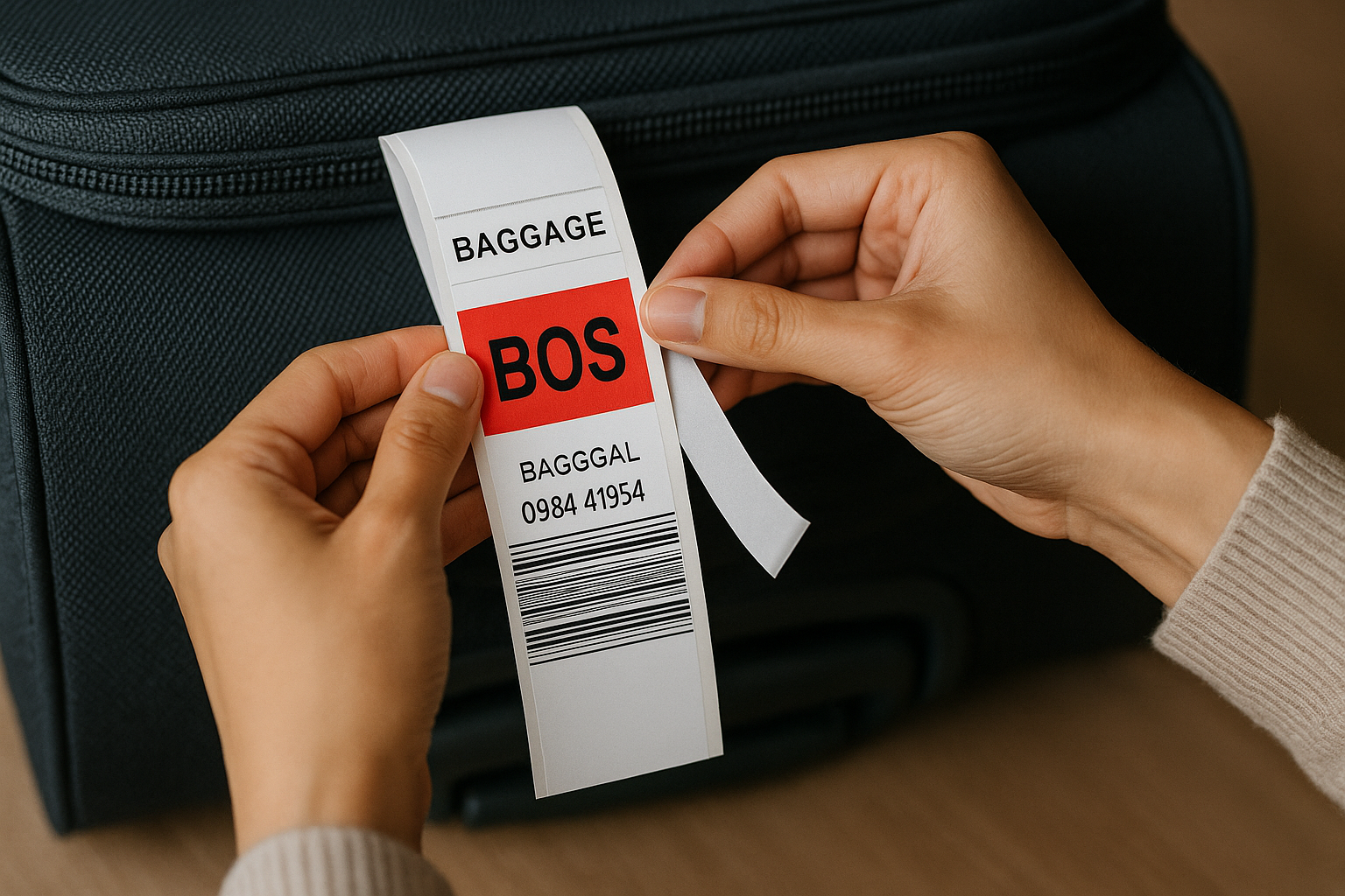 수하물에 항공사 태그를 부착하고 있는 모습