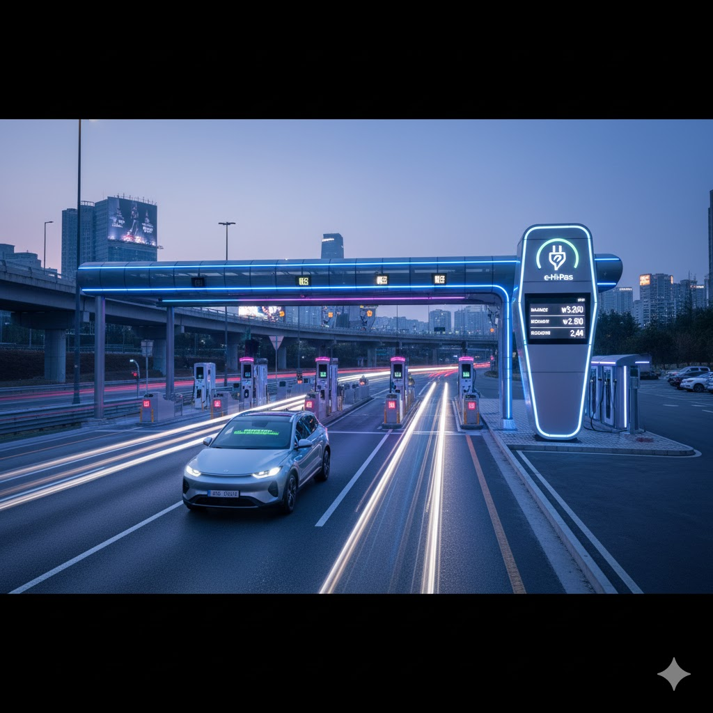 전기차가 하이패스 전용 게이트를 통과하는 모습. 야간 도심 배경과 함께 첨단 시스템이 강조된 전기차 하이패스 감면 상황.