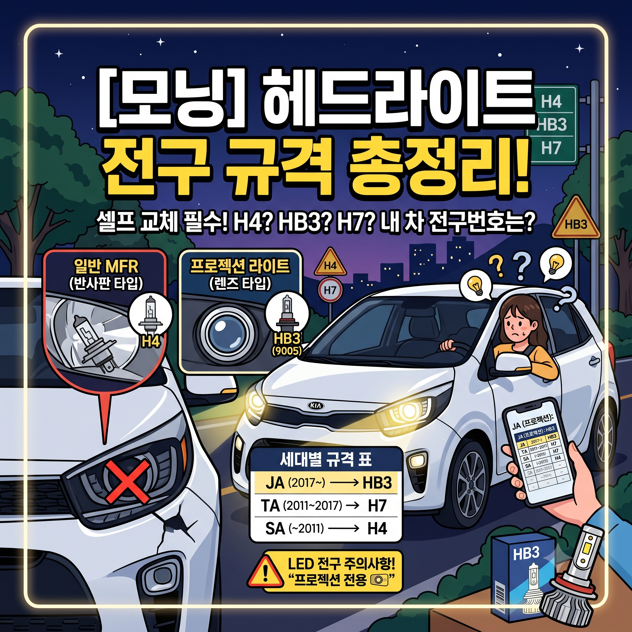 모닝 헤드라이트 전구번호 세대별 완벽 정리 (H4, H7, HB3 규격 확인)