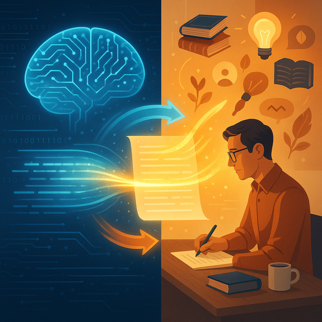 AI 글쓰기와 인간 작성자의 협업을 보여주는 개념 일러스트 - 왼쪽에는 디지털 뇌와 자동화된 텍스트 생성을 나타내는 AI, 오른쪽에는 개인적 경험과 창의성을 상징하는 인간 작성자, 중앙에서 협업하여 고품질 콘텐츠를 만들어내는 과정을 시각화