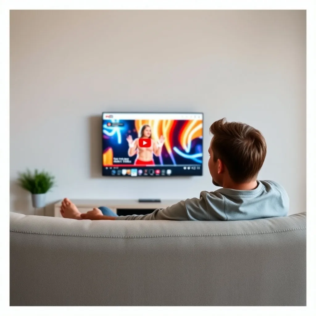 편안한 자세로 화면을 응시하며 미소 짓는 사람과 함께, 화면에는 유튜브 영상이 재생되고 있으며, 주변에는 광고 창이 전혀 보이지 않는 깔끔한 인터페이스가 강조됩니다.