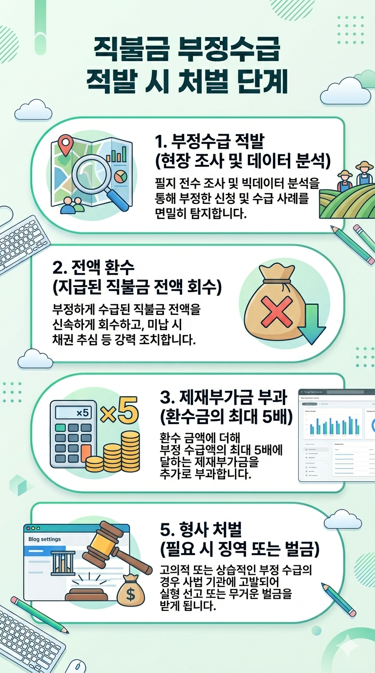 직불금 부정수금 적발시 처벌 단계 인포그래픽