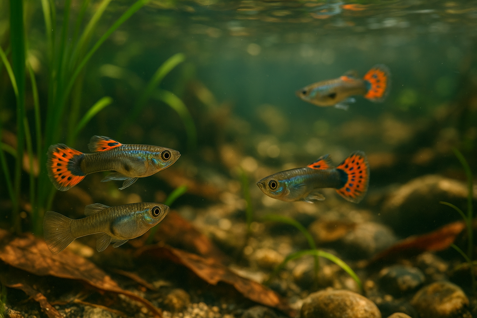 트리니다드의 얕은 열대 하천에서 수초와 낙엽 사이를 헤엄치는 와일드 구피 무리(수컷은 오렌지·블루 꼬리무늬, 암컷은 은은한 체색)가 보이는 실제 사진 느낌의 이미지. 맑은 물과 점무늬 햇살, 완만한 물결이 원산지 분위기를 전달한다.