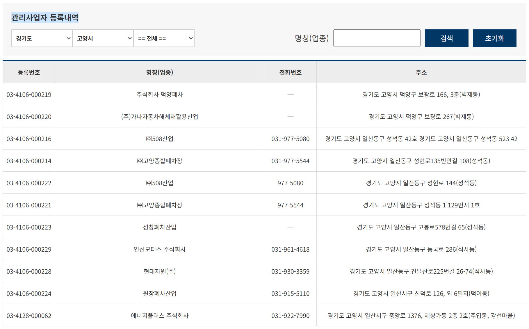 고양시 폐차장 정보 검색 결과