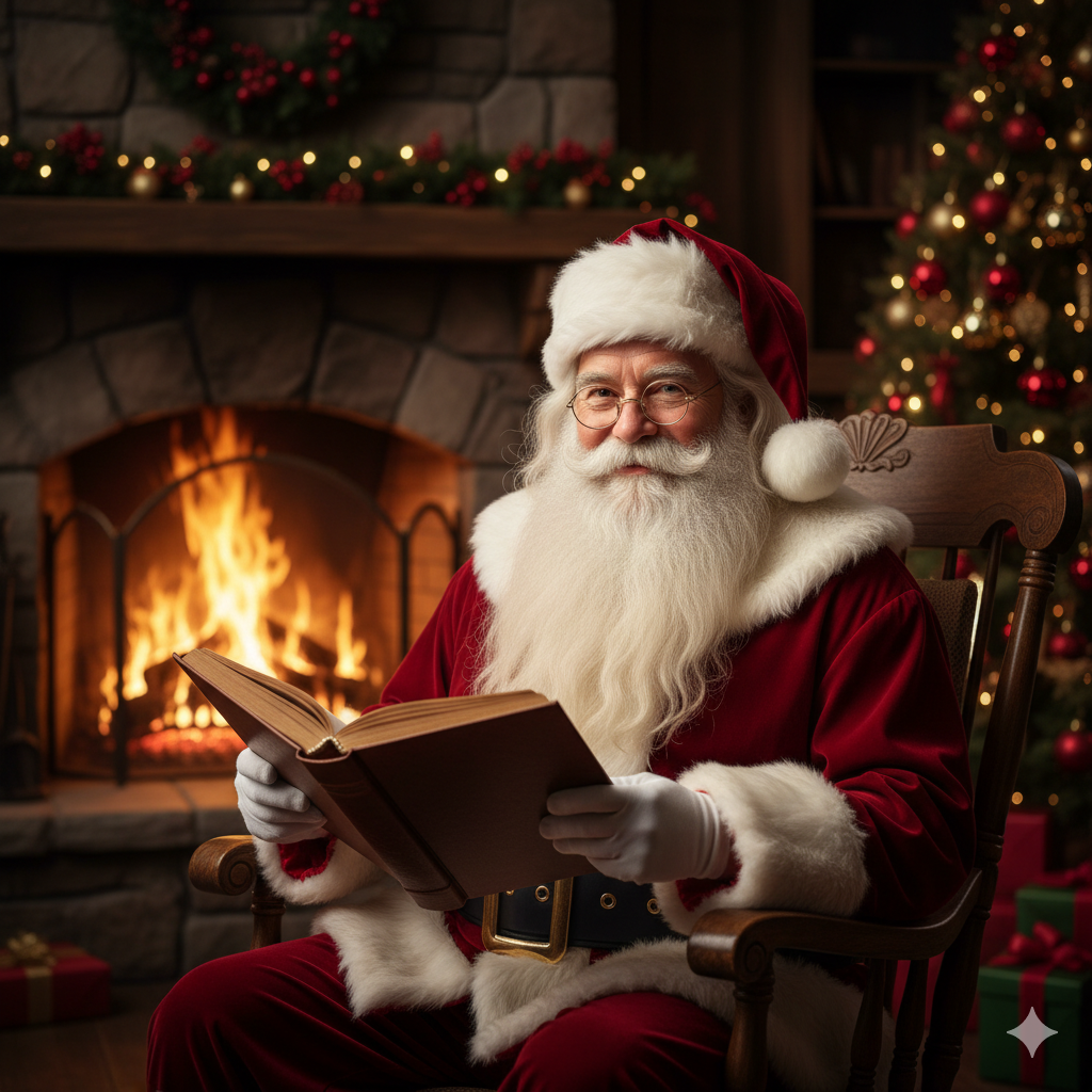 벽난로 앞에서 손주에게 크리스마스 이야기를 들려줄 것처럼 따뜻하게 미소 짓는 산타클로스