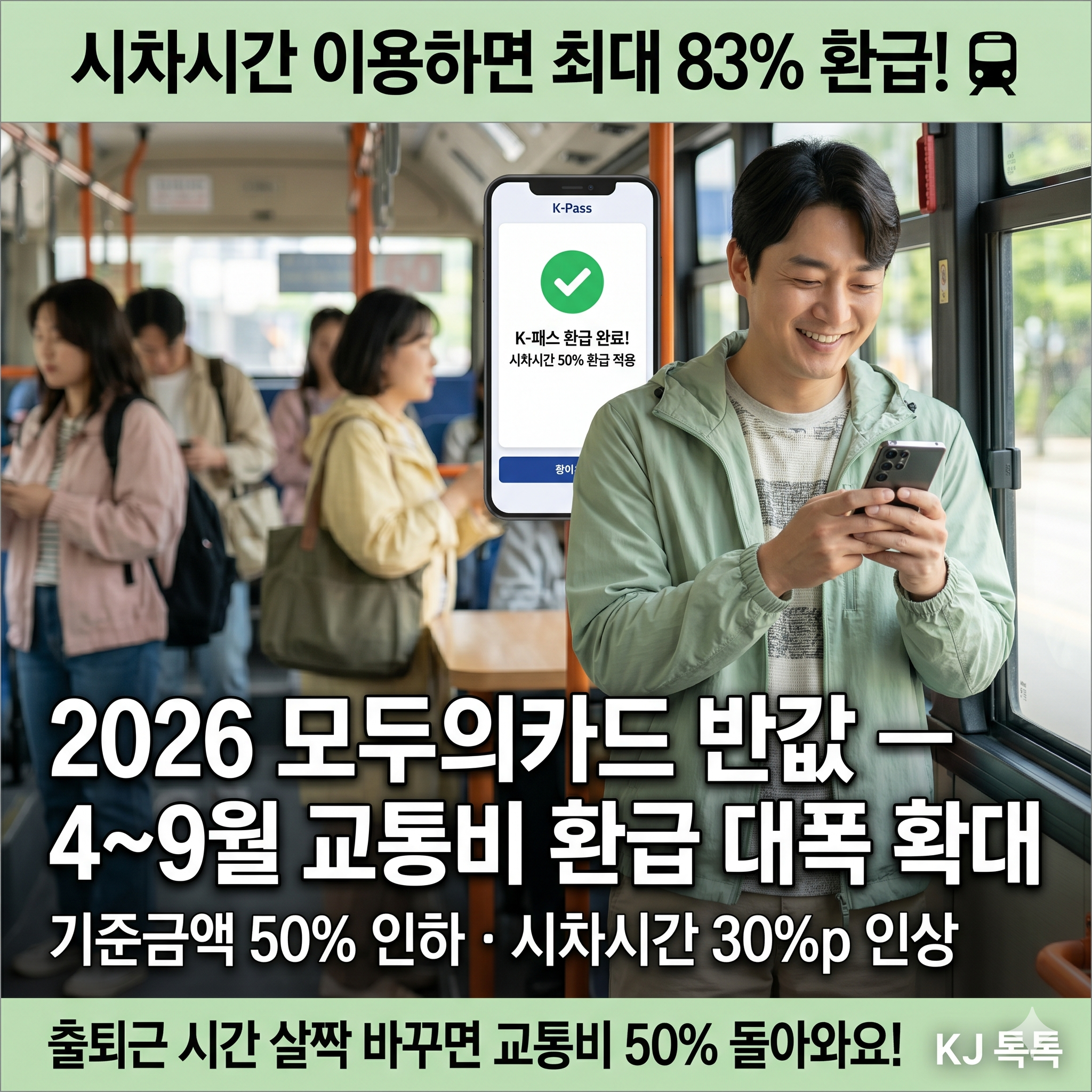 2026 모두의카드 반값 &mdash; 4~9월 대중교통비 환급 기준 50% 인하&middot;시차시간 50~83% 환급