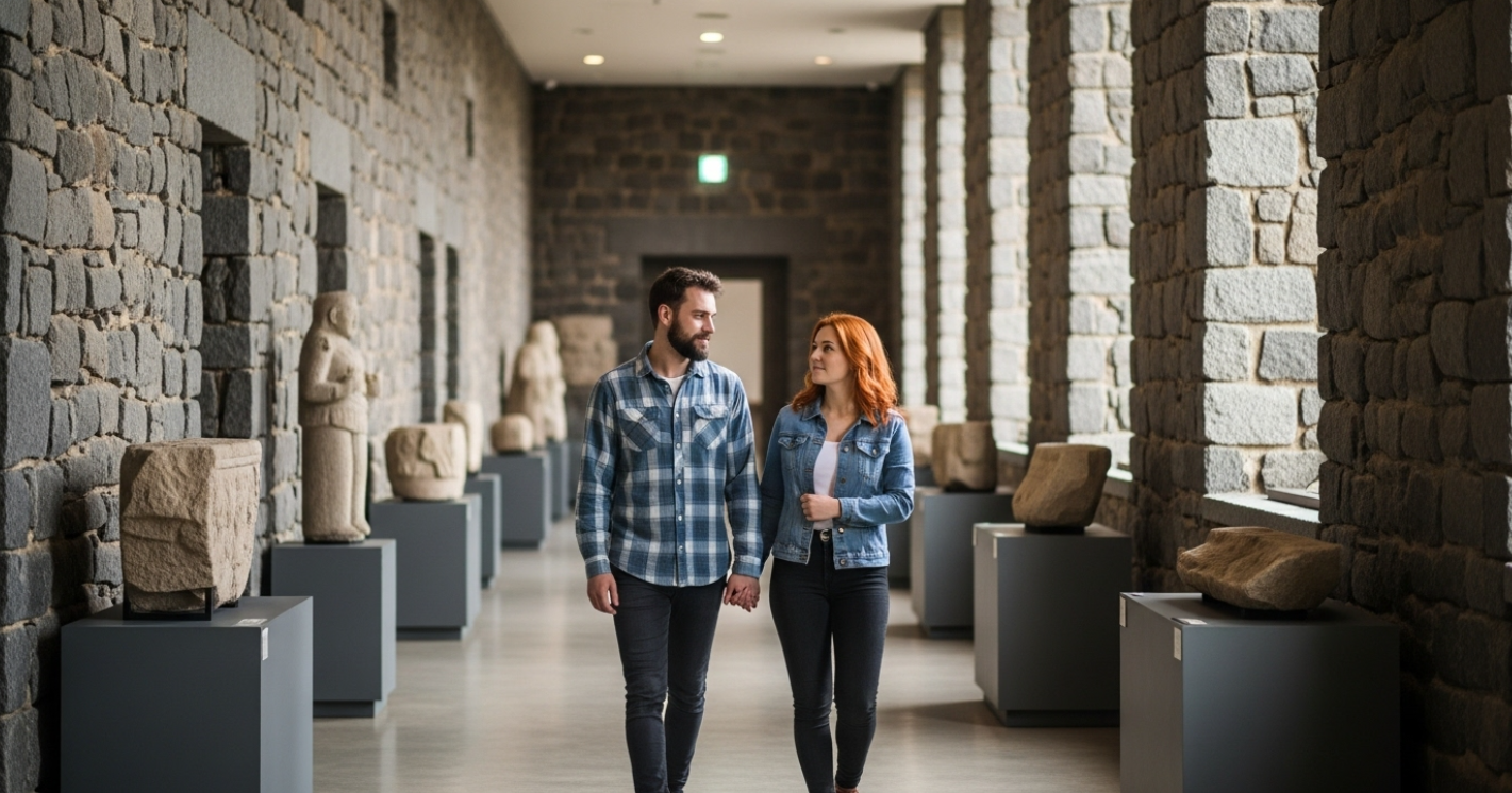 A couple walking down the tranquil corridor of Museum SAN in Wonju