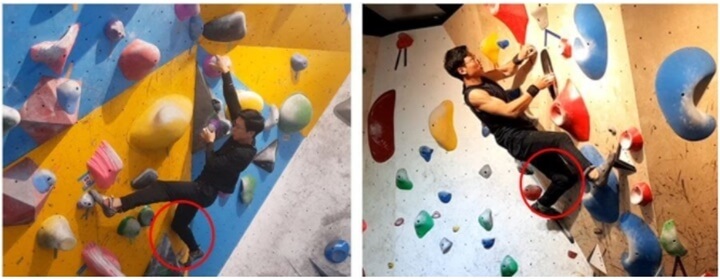 아웃사이드 스텝 시, 허리를 벽에 붙일 수 있어 추가힘을 줄일 수 있다는 설명 사진