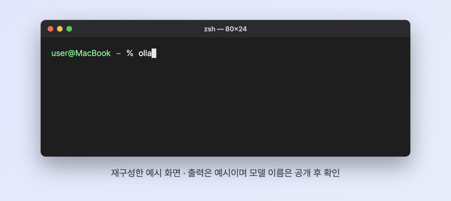 맥 터미널에서 ollama 버전 확인, 설치된 모델 목록 확인, 공개 후 확인한 모델 이름으로 ollama run 명령을 실행하는 순서를 보여 주는 재구성한 예시 화면