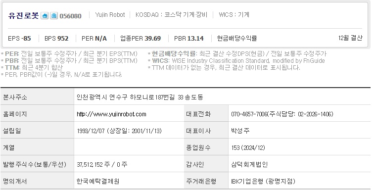 유진로봇 주가 기업개요