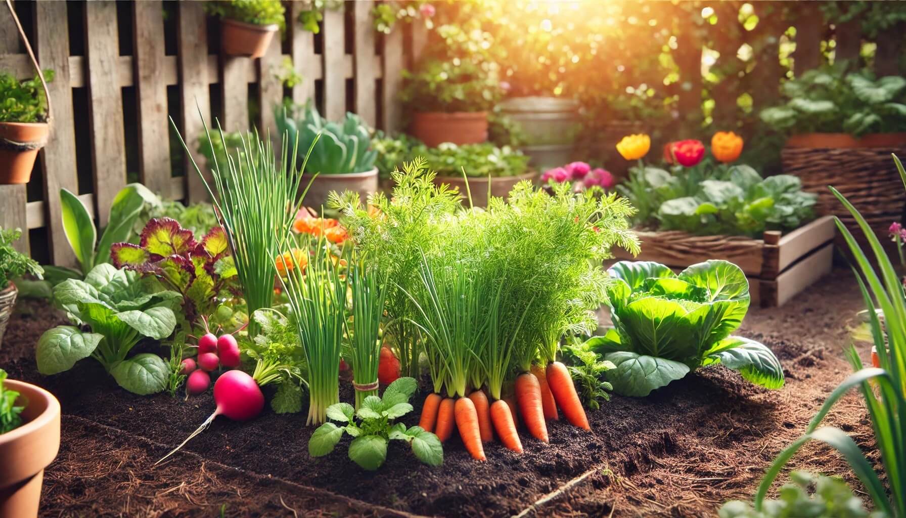 무, 당근, 부추가 어우러진 풍성한 텃밭 이미지