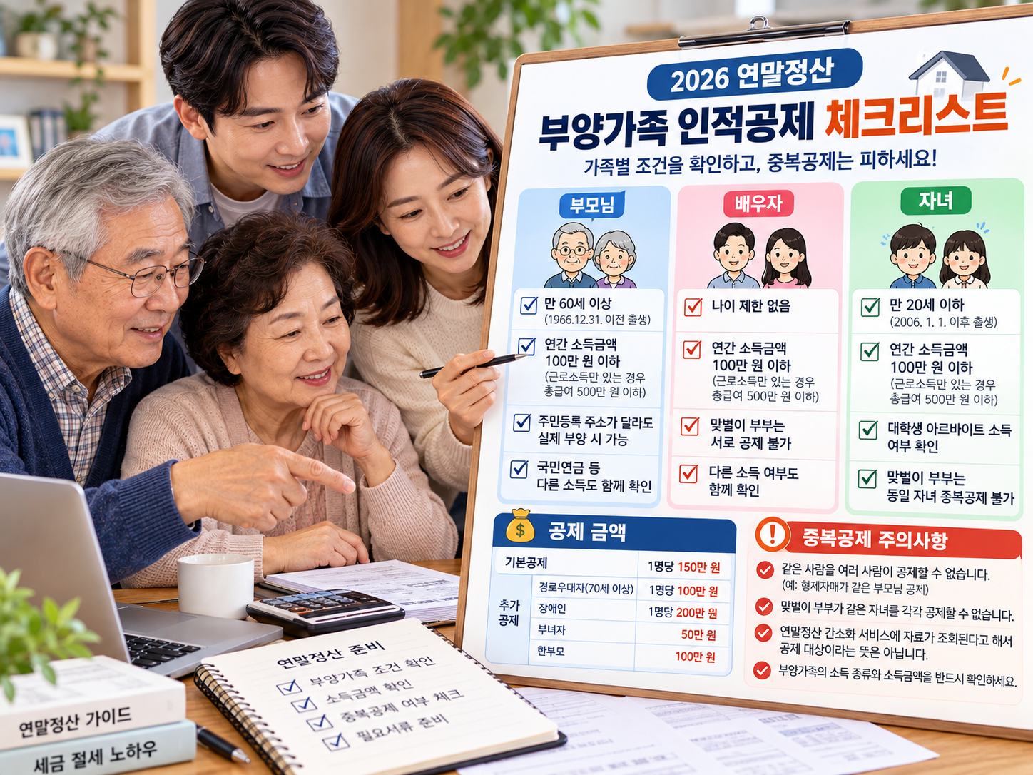 부모님&middot;배우자&middot;자녀 인적공제 조건과 중복공제 주의사항을 확인하는 가족 체크리스트 이미지