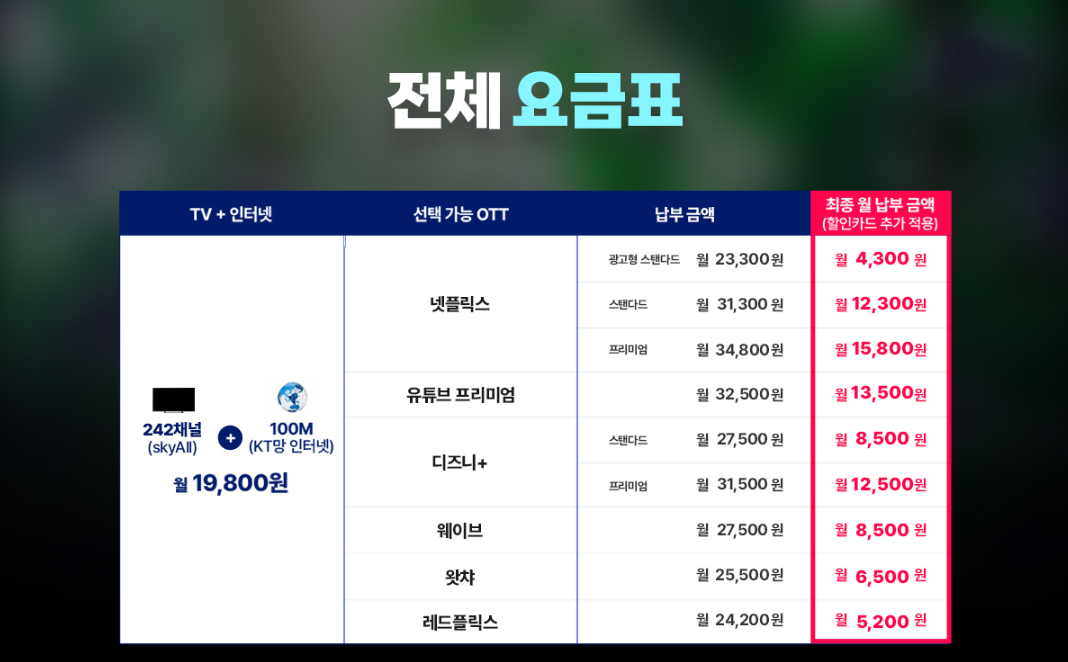 스카이라이프 OTT 결합 요금제