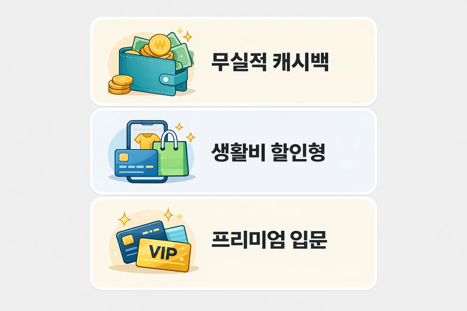 무실적 캐시백&middot;생활비 할인형&middot;프리미엄 입문 카드의 혜택 체감 차이를 비교한 이미지