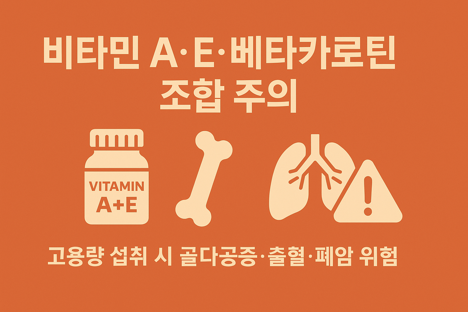종합비타민 복용 시 비타민 A·E·베타카로틴을 고용량으로 함께 섭취할 경우 나타날 수 있는 골다공증, 출혈, 폐암 위험을 안내하는 인포그래픽입니다.