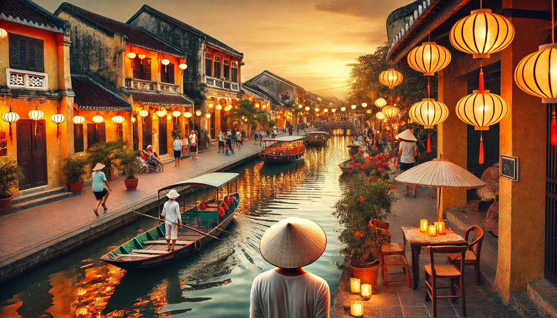 호이안에 등불이 밝게 켜진 거리 사진