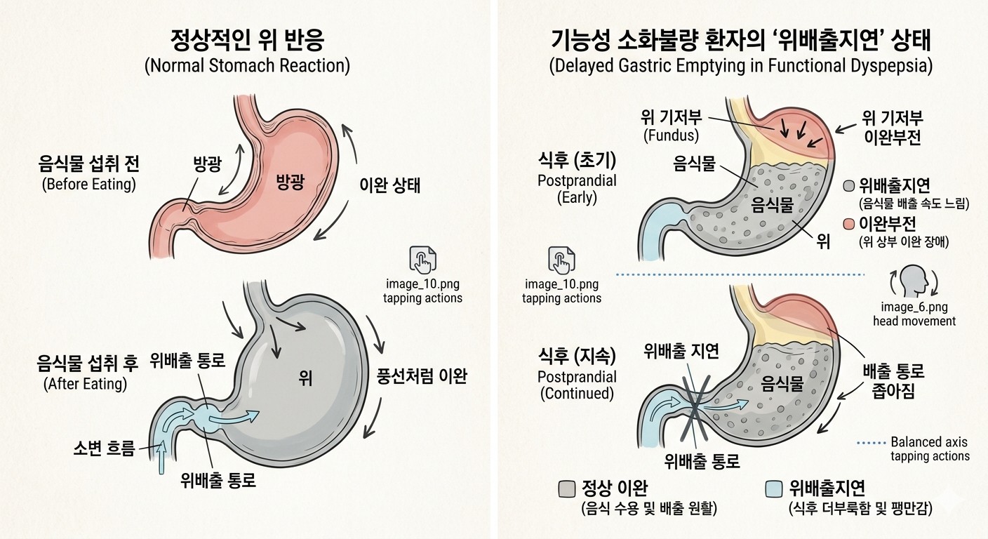 - 정상적인 위 반응: 왼쪽의 위 단면도를 보시면, 음식물이 들어왔을 때 위가 풍선처럼 부드럽게 이완(블루 화살표)되면서 공간을 확보하는 정상적인 반응 음식 배출 통로(블루 라인)가 원활한 것을 확인할 수 있습니다.

- 위배출지연 상태: 오른쪽의 위 단면도를 보시면, 음식물이 들어왔음에도 위 기저부(투명한 레드)가 이완되지 못해 압력이 올라가고, 음식 배출 통로(블루 라인)가 좁아져 음식물이 오래 머무르는 과정(위배출지연- thin 블루 라인)을 직관적으로 확인할 수 있습니다.
이미지 출처: Gemini AI 생성