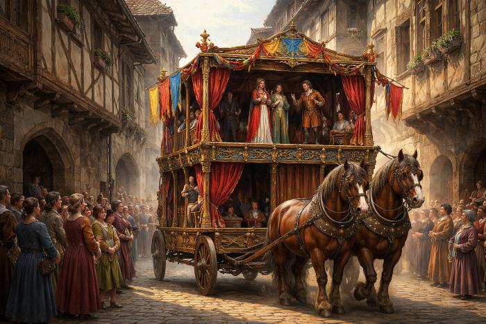 중세 도시를 순회하는 이동식 무대 수레 페전트 왜건