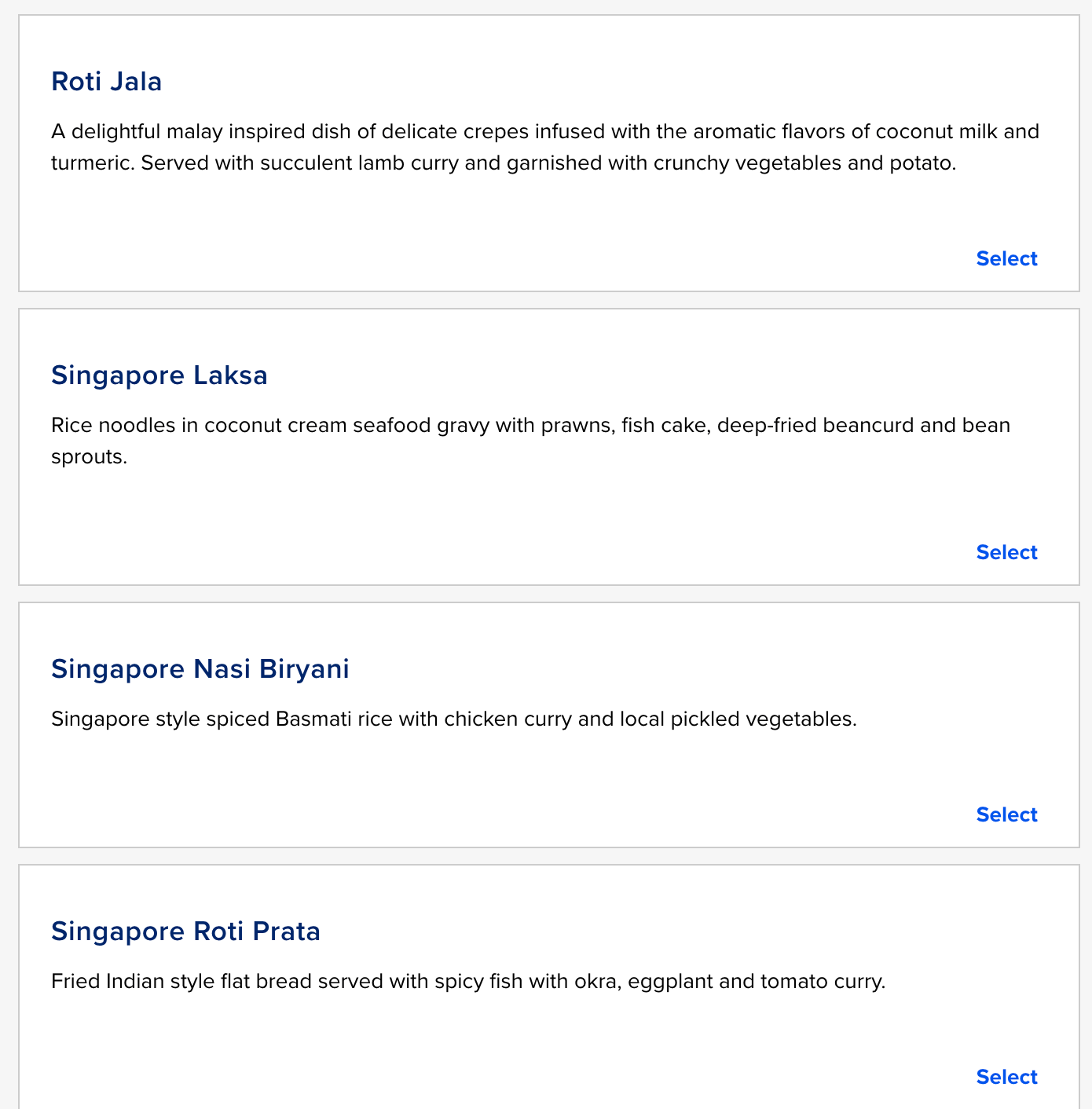 싱가포르항공 북더쿡 메뉴