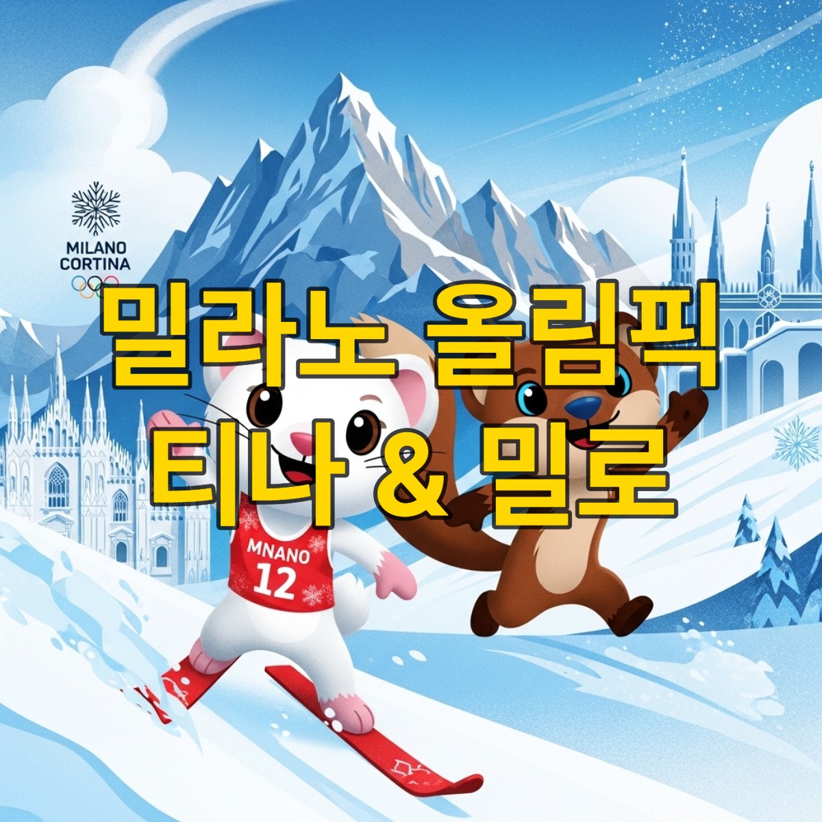 2026 밀라노 코르티나 동계 올림픽 마스코트 티나와 밀로가 눈 덮인 이탈리아 알프스를 배경으로 즐겁게 서 있는 모습. 티나는 분홍색 코와 갈색 눈을 가진 흰 담비이고, 밀로는 파란색 코와 파란 눈을 가진 갈색 담비이다. 배경에는 밀라노 두오모의 실루엣이 보인다.