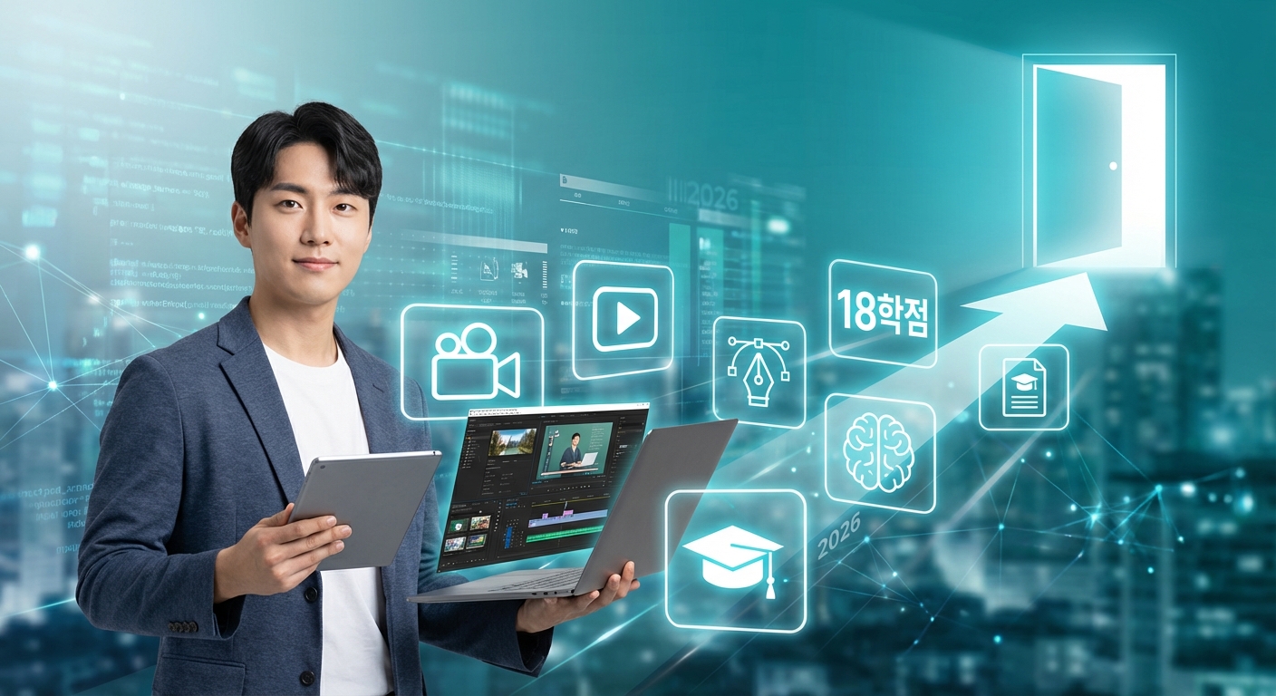 2026년 학점은행제 멀티미디어콘텐츠제작전문가 자격증 취득으로 취업의 문을 여는 한국인 전문가, 태블릿과 노트북 활용, 18학점 인정 및 성장 아이콘