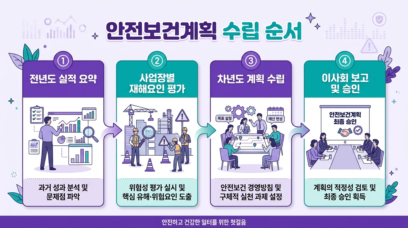 안전보건관리 활동계획 작성 순서 4단계를 보여주는 프로세스 인포그래픽