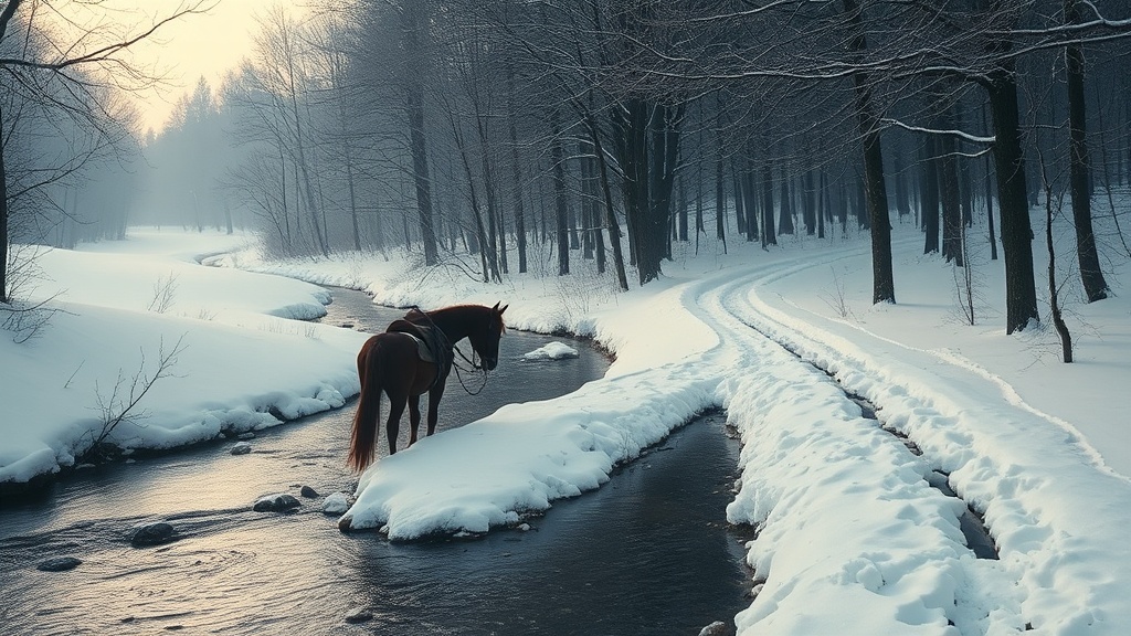 눈덮인 고요한 숲속,얼어붙은 시냇가 옆에 홀로 서있는 검은 말 한마리. 로버트 프로스트의 시 '눈오는 저녁 숲가에 멈춰 서서'와 슈베르트 연가곡 '겨울 나그네'가 공유하는 고독한 방랑자의 정서와 정막한 겨울 풍경을 묘사한 이미지