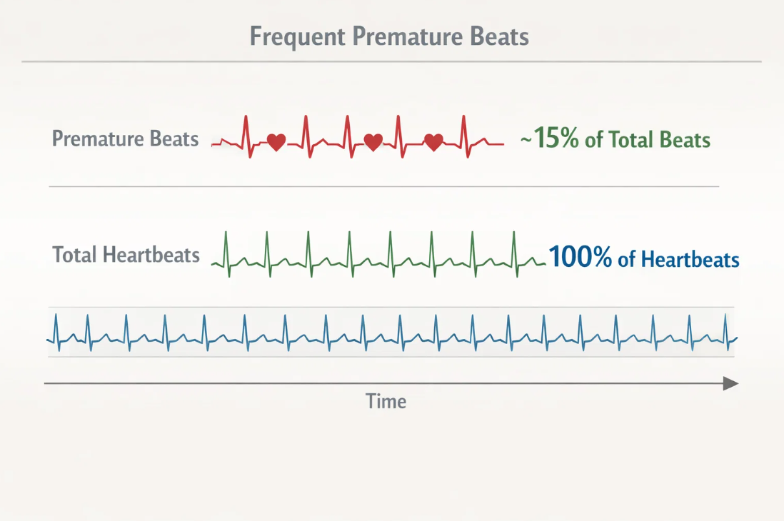 전체 심박 중 조기수축 비중(Burden)을 퍼센트로 비교한 심전도 그래프