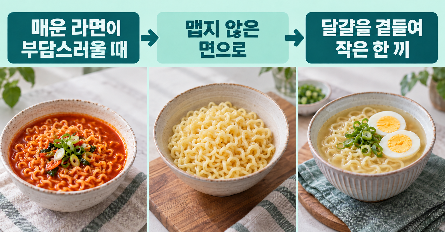 매운 라면 실사 인포그래픽. 현재 메뉴: 매운 라면 한 그릇; 조리 변경: 맵지 않은 면; 한 끼로: 익힌 달걀 곁들이기