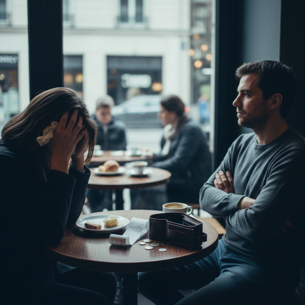 카페에서 돈 문제로 갈등하는 커플의 모습