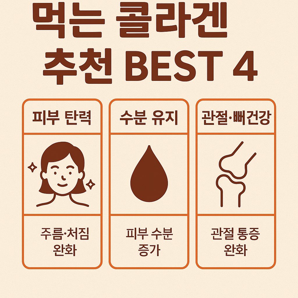 먹는 콜라겐 추천 BEST 4 비교 인포그래픽: 저분자 펩타이드, 트리펩타이드, 비타민C 복합형, 가성비 파우더형 특징·장단점 요약"