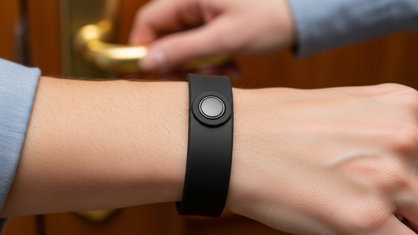 실리콘 소재의 정전기 방지 팔찌 착용 모습