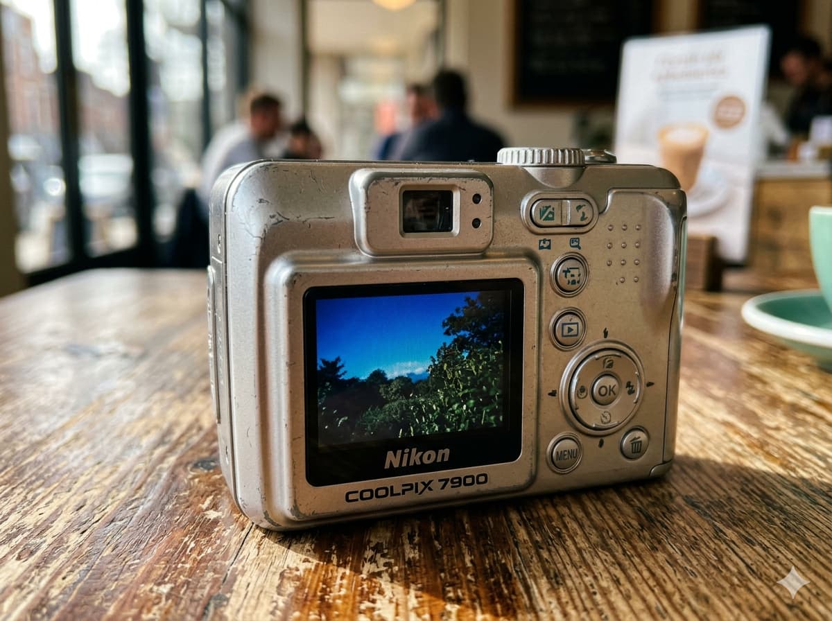 카페 테이블 위 니콘 쿨픽스 7900 빈티지 카메라 LCD 화면에 구현된 진득한 채도의 파란 하늘과 초록색 풍경 사진