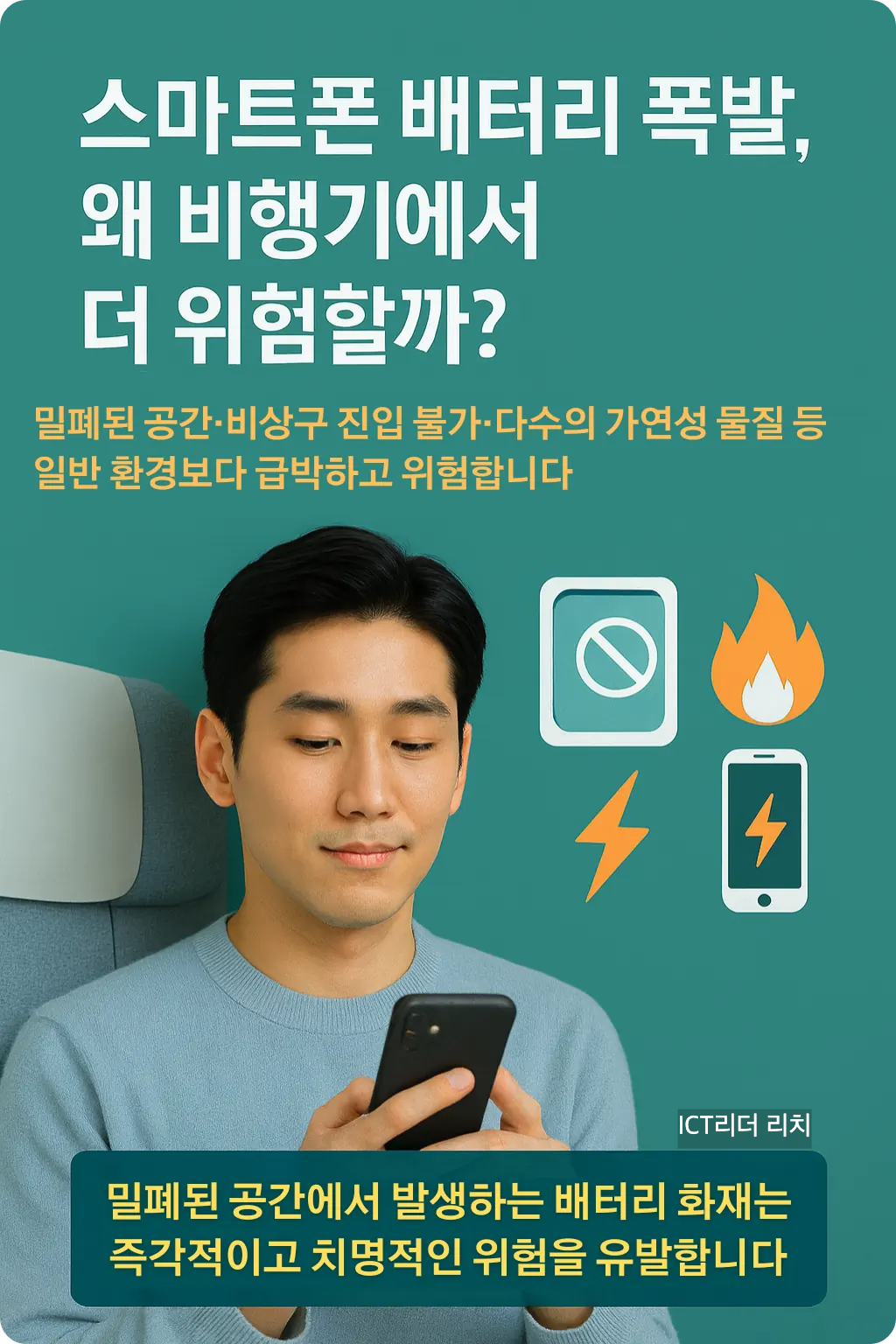 스마트폰을 조심스럽게 사용하는 남성 승객과 기내 배터리 위험을 설명한 인포그래픽