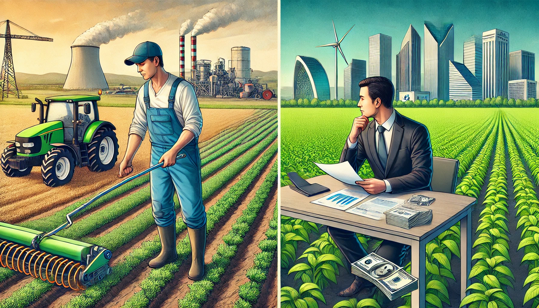 농지를 경작하는 농부와 농지를 투기 목적으로 매입하려는 사람의 대조적인 모습