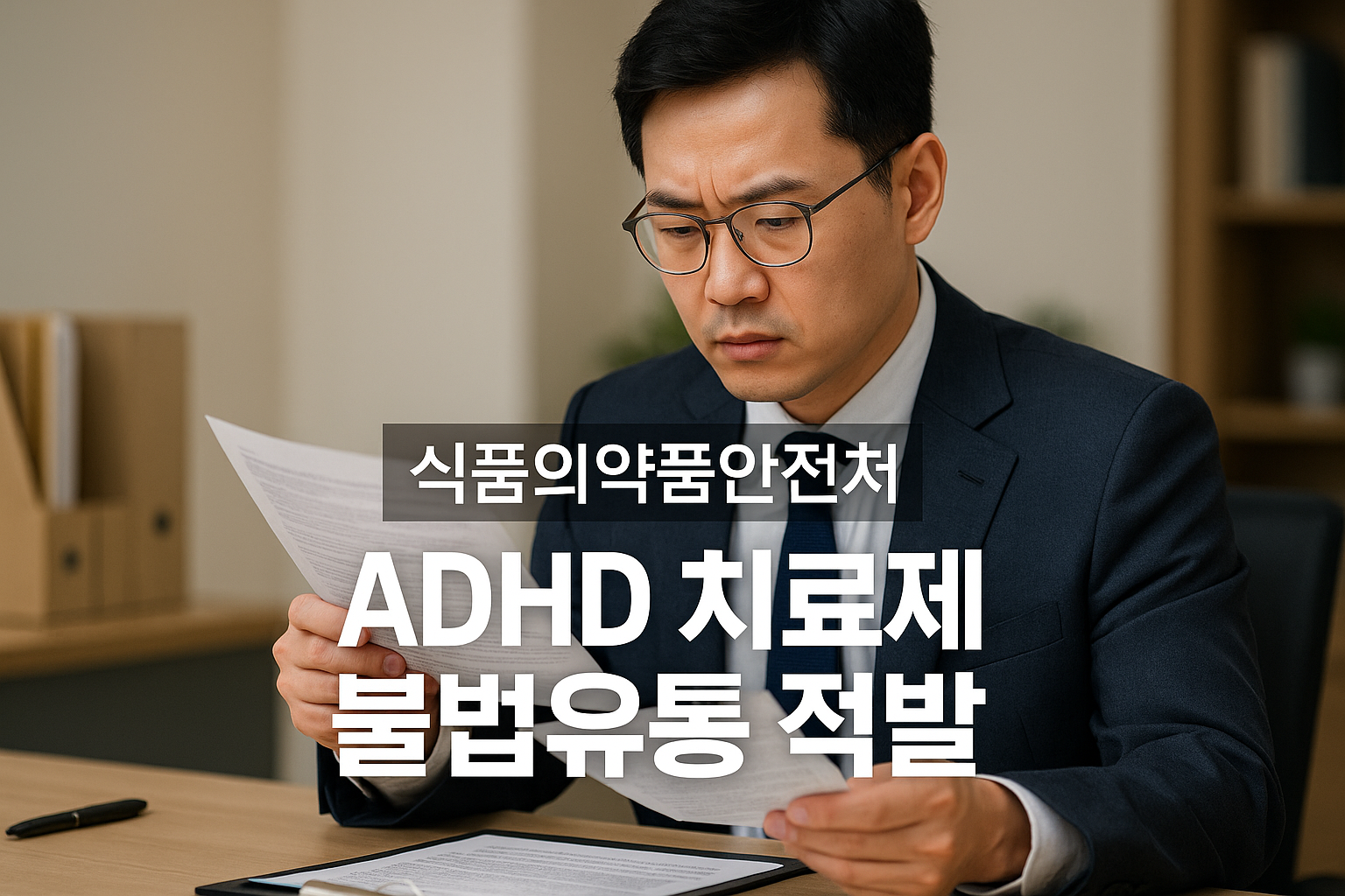 식품의약품안전처 사무실에서 전문 공무원이 수험생 영양제 부당광고와 ADHD 치료제 불법유통 점검 보고서를 검토하는 장면, 2025년 식약처 특별점검 및 온라인 불법광고 적발 내용을 시각적으로 표현.