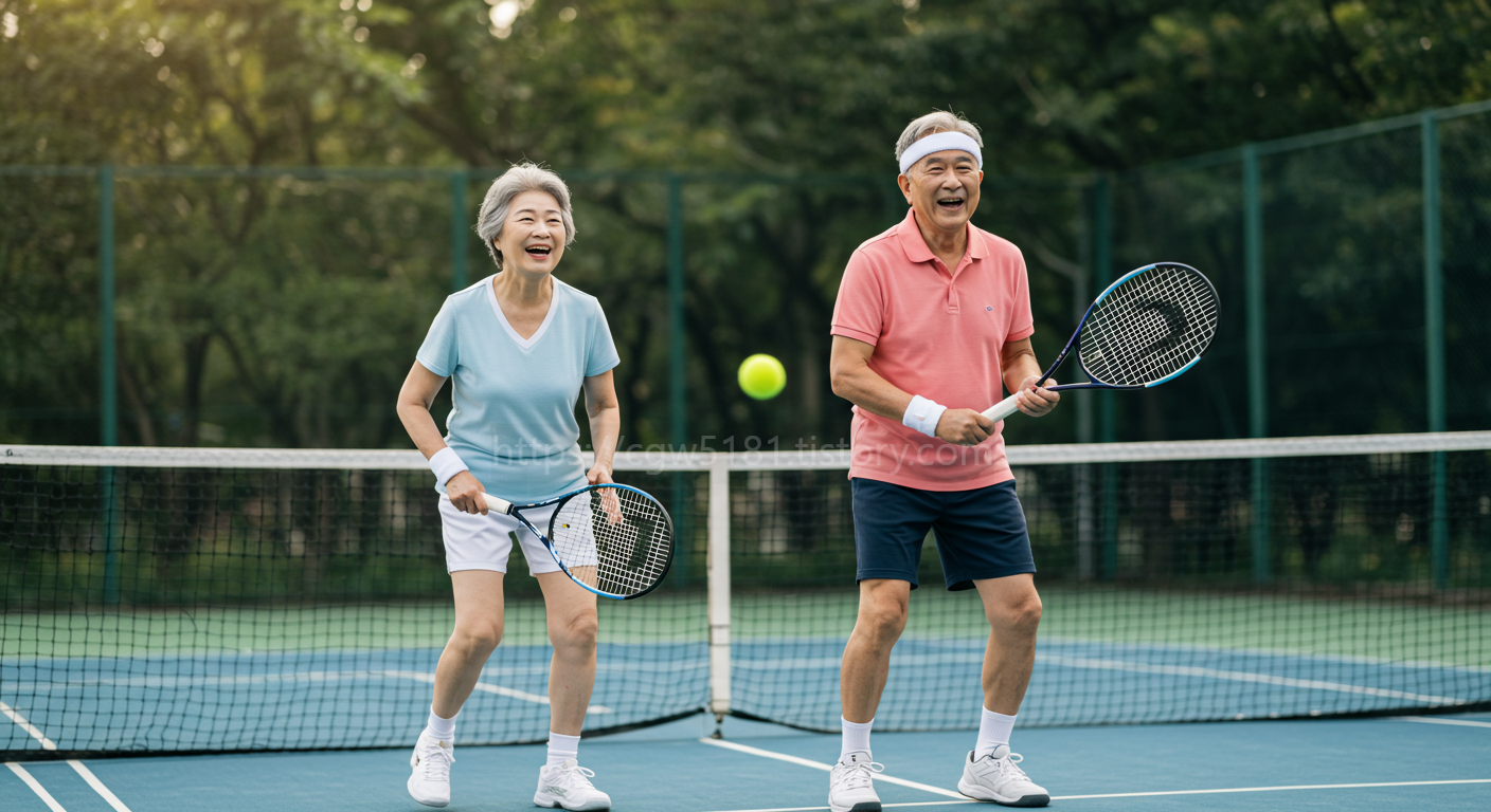 노인들이 활기차게 테니스를 즐기는 모습. 규칙적인 운동 습관으로 건강해보인다.