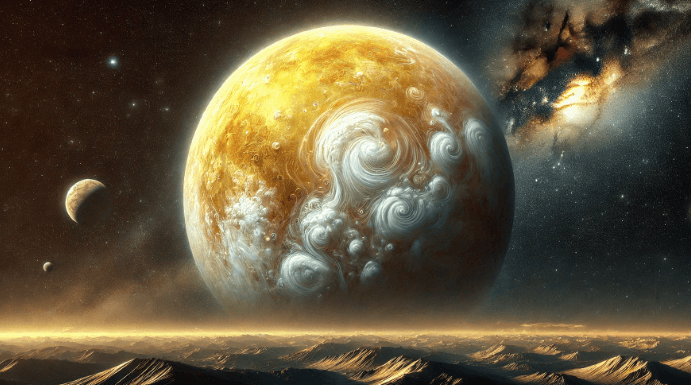 금성의 모습, 황금빛을 띄고 있고 소용돌이 같은 하얀색의 구름 형태가 곳곳에 자리하고 있다 화성과 같은 행성에서 찍은 듯한 모습 주변에는 여러 은하와 태양계의 몇몇 행성들이 보인다.