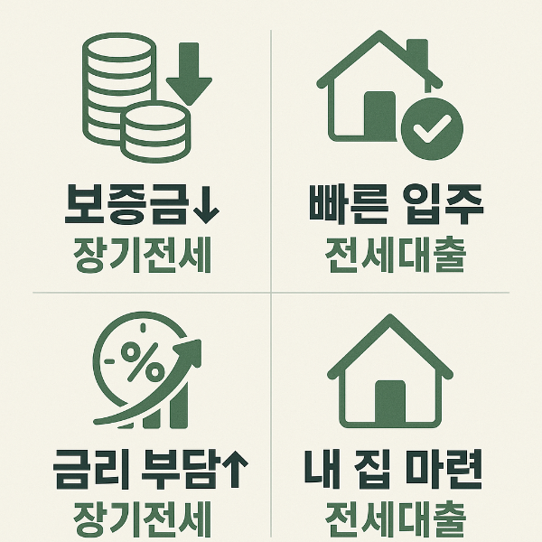 장기전세와 전세자금대출의 차이점을 보증금 부담, 금리부담, 빠른 입주 가능성, 내 집 마련 연계성 기준으로 비교한 인포그래픽