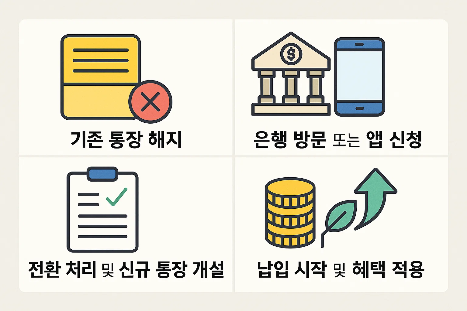 기존 통장 해지, 은행 방문 또는 앱 신청, 신규 통장 개설, 납입 시작 및 혜택 적용까지 청약통장 전환의 전체 흐름을 시각적으로 정리한 인포그래픽.